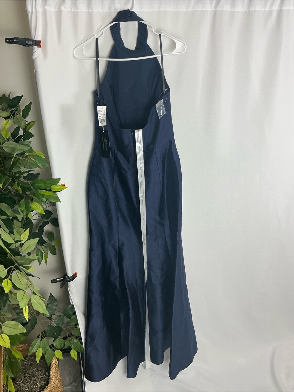 ALFRED SUNG Navy Halter Open-Back Satin Trumpet Gown - Picture 3 of 6